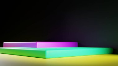 Kare döşeme tahtaları ve arka planda koyu renkli bir duvarı olan bir oda. Renkli bir odada kübik platformlar. Geometrik şekilli arka plan. Farklı 3D üretimleri göstermek için boşluk. 3B illüstrasyon.