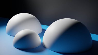 3 boyutlu görüntüleme. Üç boyutlu illüstrasyon. Mavi arka planı ve solunda ışık olan beyaz yarım küreler serisi. Küresel platform. Ürün ve modelleri yerleştirmek ve görüntülemek için boşluk.