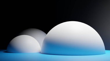 3 boyutlu görüntüleme. Üç boyutlu illüstrasyon. Karanlık, boş bir odada üç küresel geometrik cismin detaylarına yakın bir yere yerleştirin. Sağ taraftaki ışık aydınlatıcıdır. Kürelerin altındaki mavi zemin.