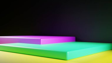 Tepe lambalı kübik platformlu sergi salonu. Mor ve yeşil merdivenler. Geometrik vücutlu renkli ve soyut bir arkaplan. Sarı zemin ve siyah duvar 3D görüntüleme. 3B illüstrasyon.