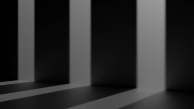 Ürünleri sergilemek için mükemmel bir boş oda. Üç yoğun dikey ışıkla aydınlatılmış boş siyah platform.