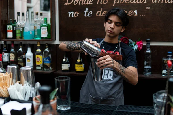 A barman working at the bar counter with a shaker preparing a drink with cocktail techniques. Bartender preparing an alcoholic drink at the bar. Bottles in the background on display at the bar.