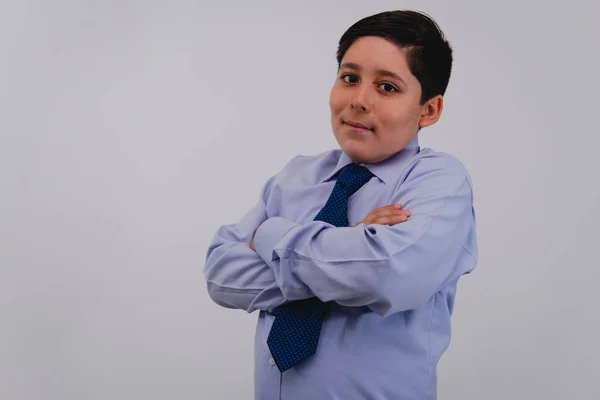 Boy Dressed Blue Shirt Tie Businessman His Arms Crossed Confident — стоковое фото