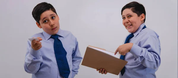Pair Scenes Kid Dressed Suit Tie Handing Business Card Boy — Zdjęcie stockowe