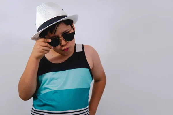 Child Dressed Beach Making Face Boy Blue Sleeveless Shirt Sunglasses — Stockfoto