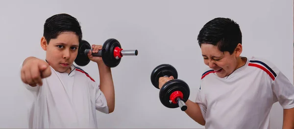 Athlete boy in two different scenes posing with gym dumbbells. Boy with dumbbells pointing to the front. A boy in a white sports shirt carrying gym weights with great effort.