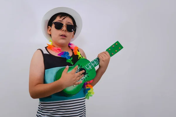 Boy Playing Ukulele Green Color White Isolated Background Boy Dressed — Stockfoto