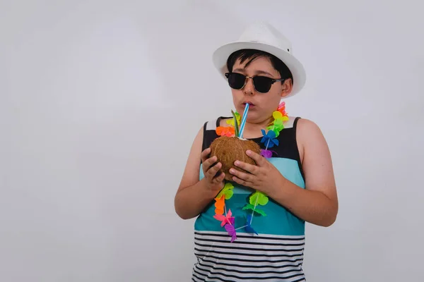 Young Man Beach Dressed Blue Sleeveless Shirt Drinking Coconut Boy — Stockfoto