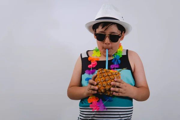 Young Boy Drinking His Pina Colada Straw Isolated White Background — Stockfoto
