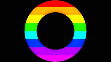 3 boyutlu görüntüleme. Siyah arka planda gökkuşağının farklı renkleri olan kalın bir daire. Farklı renkte çizgileri olan bir çöreğin şekli. Çember şeklindeki yatay çizgiler.