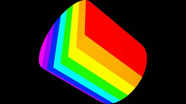 3D rendering. A computer modeled circular prism with a pattern of lines of many colors on a black background. Three-dimensional figure with stripes in the colors of the rainbow. A tube with colors.