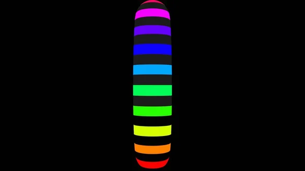 3D renderings. Oval with colored horizontal lines. Colorful pill on black background. Oval geometric body formed by various lines with rainbow colors. Long tube with pattern of striped lines.