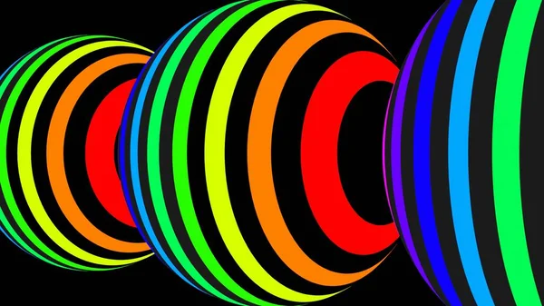 3D renderings. Pattern of spheres formed by colored lines. Spheres on a black background. Design pattern with lines with rainbow colors. 3D spheres with striped pattern of different colors.