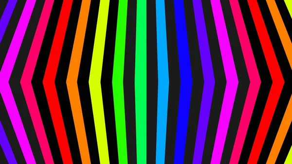 3D renderings. Vertical lines of colors and black lines forming a 3D effect. Triangular shaped lines with rainbow colors. Striped pattern for design or templates. Black background with colorful lines.