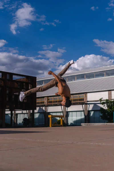 Young Latino Boy Dark Skin Practicing Extreme Breakdance Move Hispanic — Stok fotoğraf
