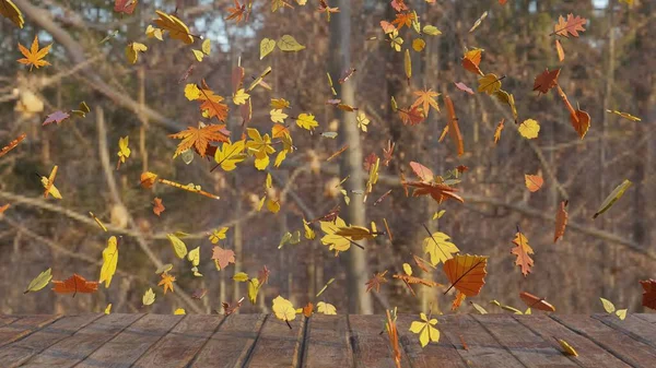 3D rendering. Multitude of leaves falling in autumn on a wooden table and with a forest in the background. Autumn design or presentation template. Falling leaves in autumn season.