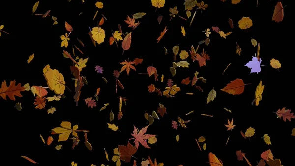 3D rendering. Falling leaves on an isolated background with night light. Leaves in the autumn season falling from the trees. Lots of autumn leaves. 3D modeled autumn leaves design template.