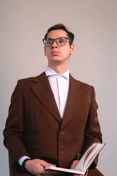 Blond Caucasian Man Dressed Jacket Looking Pose Demonstrates Confidence Intellectual — Stok fotoğraf
