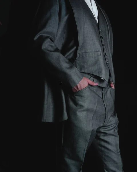 Man Dressed Gray Suit His Hands His Pockets Man Suit — Stok fotoğraf