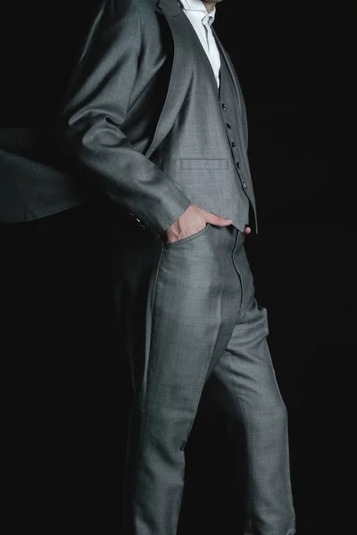 Businessman His Hands Bag Gray Suit Jacket Pants Elegant Man — Stok fotoğraf
