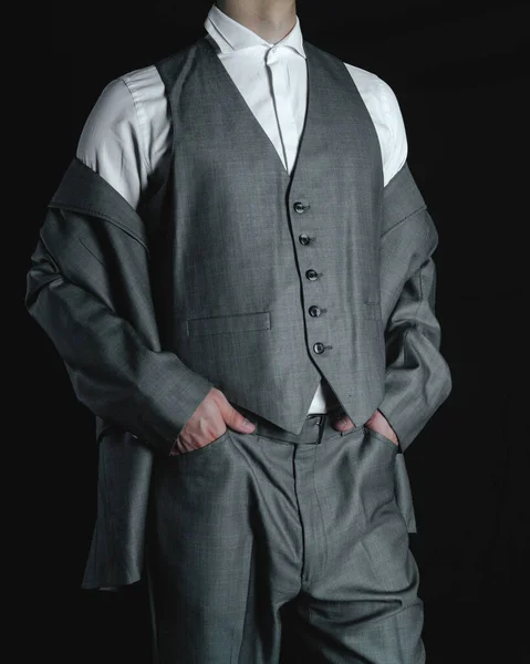 Elegant Suit Businessman Man Suit Modeling Vest Jacket Shirt Unrecognizable — Stok fotoğraf