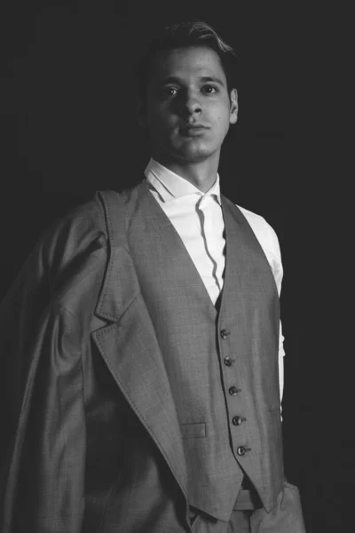 Elegant Man Posing Black Background Black White Photo Man Suit — Stok fotoğraf