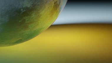 3d rendering. Giant planet floating with yellow lights. Part of a planet with copy space. Background with a planet.