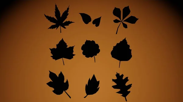 3d rendering. Black silhouettes of many leaves of trees on an orange background. Black shadows of autumn leaves.