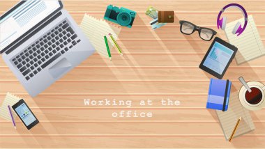 Office desk with laptop, camera, glasses, cell phone. Vector illustration. 