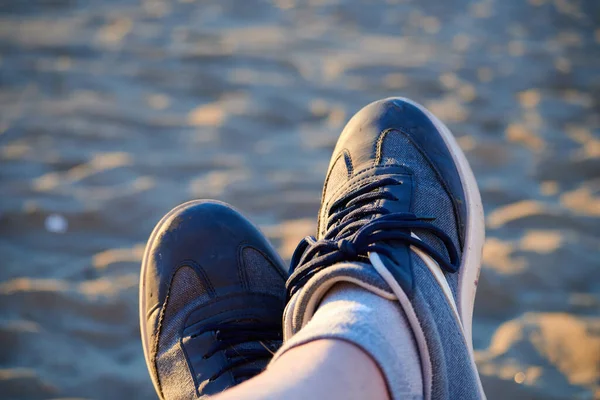 Person Resting Beach Sand Sunrise Shoe Lace Detail — Stock Photo, Image