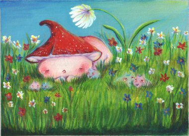 Kawaii mantarı yeşil çimlerde uyur. Sevimli illüstrasyon.