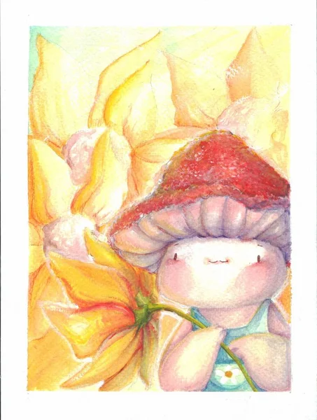 Cute Goblincore Style Mushroom Yellow Flowers Illustration Print — Stockfoto