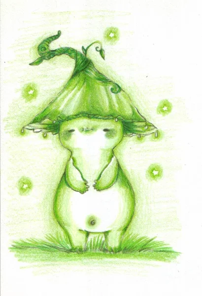 Positive Illustration Green Mushroom Illustration Traditional Art Collection Rainbow Mushrooms — Stock fotografie
