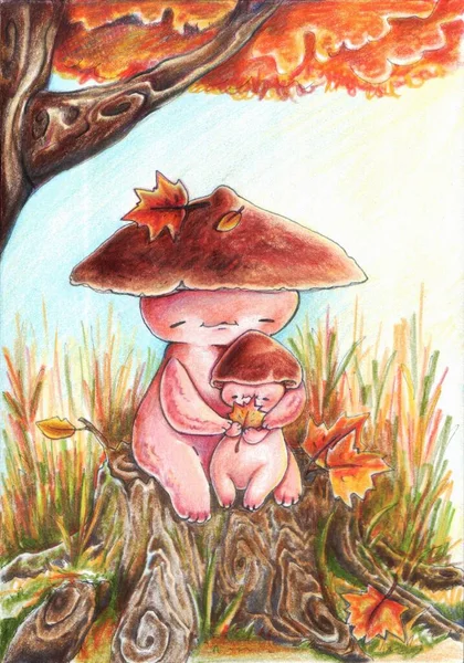 Drawing with colored pencils Autumn mood Funny Mushrooms Cute baby Cottagecore