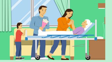 Aileler ve çocuklar büyükannelerini hastanede ziyaret ediyorlar.