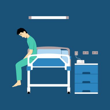 Erkek hasta ne yazık ki yatakta oturuyor.