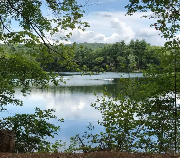 背景に湖のある島の美しい景色 — ストック写真