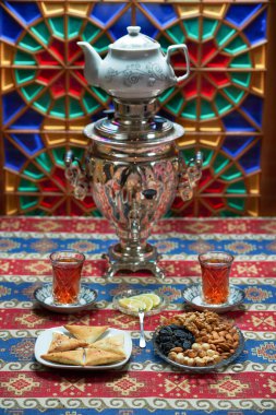 Samovar tea with Azerbaijani sweets for tea