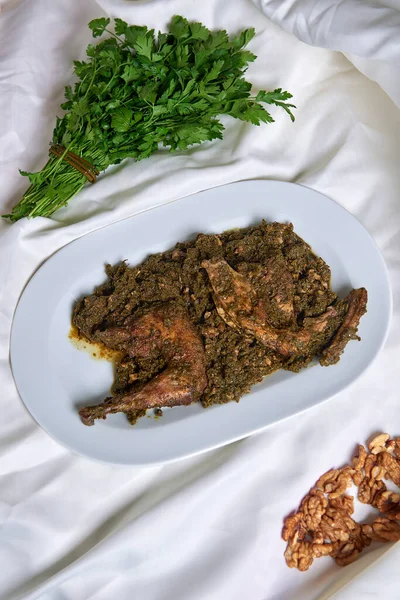 Fried Meat Dogwood Azerbaijani Recipe Testy Food Studio Shoot — Stock fotografie