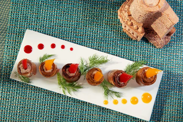 Azerbaijan national cuisine from the chef vegetable roll with eggplant nuts