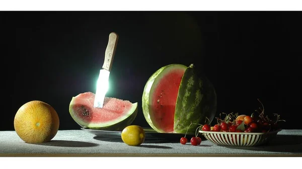 Fruit still life natural light with knife glare studio shooting