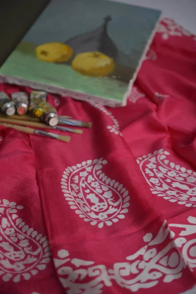 Azerbaijani national national silk scarf called Kelagayi still life with paint brushes painting studio shooting studio shooting