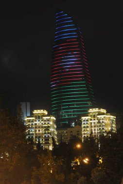 Panorama night view of Venice Azerbaijan Flame Tower