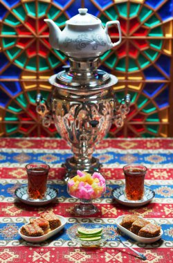 Samovar tea with Azerbaijani sweets for tea