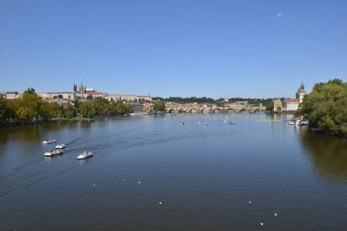 Prague river in city center led by architecture panoramic footage