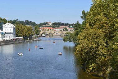 Prague river in city center led by architecture panoramic footage