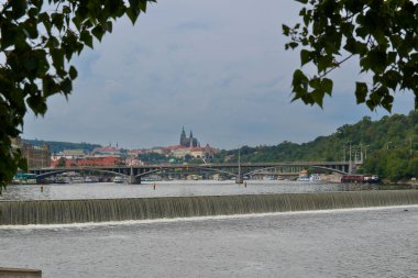 Prague river in city center led by architecture panoramic footage
