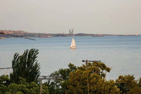 Panoramic Photo Boulevard Caspian Sea Small Yacht — Stockfoto