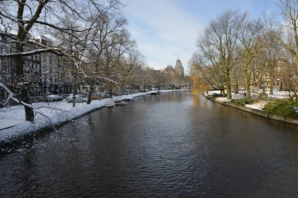 Amsterdam Winter Snow Canal Amstel City Center — Stock fotografie