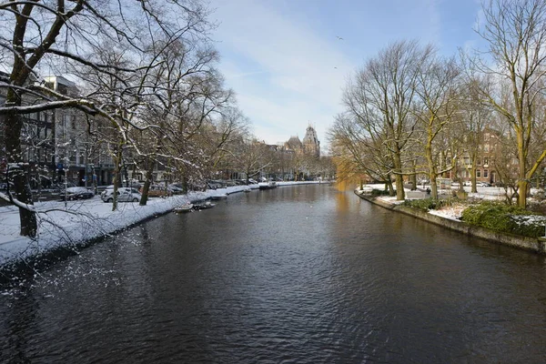 Amsterdam Winter Snow Canal Amstel City Center — Foto Stock